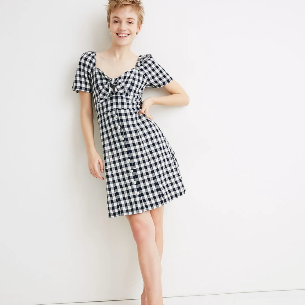 Madewell Navy Blue Gingham Tie-Front Swing Dress